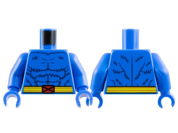 Lego Torso Dark Blue Fur and Muscles Outline, Yellow Belt with Red X-Men Logo Buckle Pattern / Blue Arms / Blue Hands