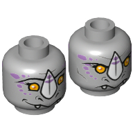 Lego Minifig Head Rinona, Dual Sided, Rhinoceros with Orange Eyes, Purple Markings and White Horn, Neutral / Happy Print [Hollow Stud] / Light Bluish Gray