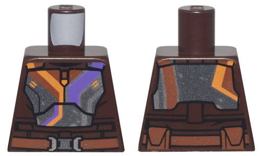Lego Torso SW Dark Silver Mandalorian Armor Plates with Dark Purple, Orange, and Silver Stripes, Reddish Brown Belt with Buckle and Pouches Pattern / Dark Brown