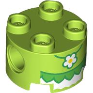 Lego Brick Round 2 x 2, Pin Holes with White Dress, Green Ruffles, Daisy Pendant Print / Lime