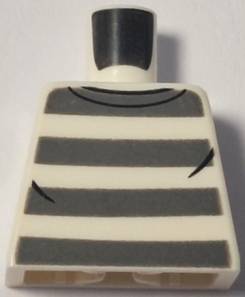 Lego Torso Town Prisoner, Dark Bluish Gray Stripes, Black Collar and Wrinkles Pattern / White