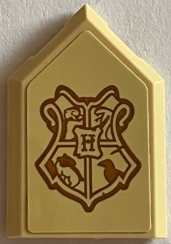 Lego Tile, Modified 2 x 3 Pentagonal with Medium Nougat Hogwarts Coat of Arms Pattern (Sticker) - Set 76402 / Tan