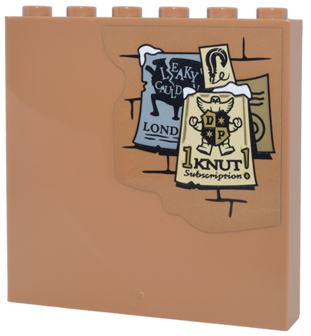 Lego Panel 1 x 6 x 5 with Brick Wall, Posters '1 KNUT Subscription!' and 'LEAKY CAULD LOND' (CAULDRON LONDON) Pattern (Sticker) - Set 76457 / Medium Nougat