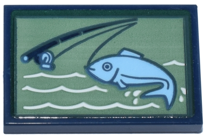 Lego Tile 2 x 3 with Bright Light Blue Fish, Fishing Pole, White Waves on Sand Green Background and Dark Green Border Pattern (Sticker) - Set 910040