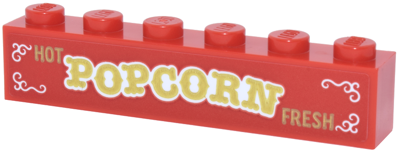 Lego Brick 1 x 6 with Gold and White 'HOT POPCORN FRESH' and Filigree Pattern (Sticker) - Set 43302 / Red