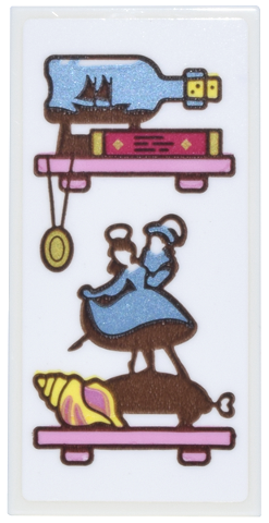 Lego Tile 2 x 4 with Bright Pink Shelves, Metallic Light Blue Ship in a Bottle and Dancers Statue and Book, Locket and Seashell Pattern (Sticker) - Set 43299 / White
