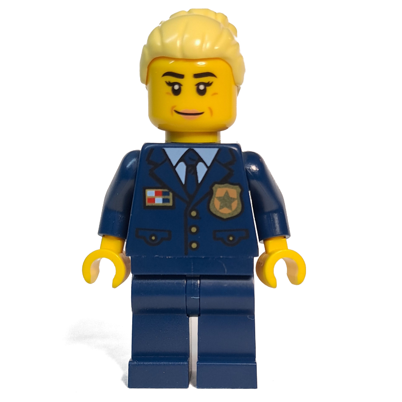 Lego Police Officer, Dark Blue Suit with Police Badge, Bright Light Yellow Hair