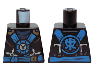 Lego Torso Ninjago Blue and Gold Straps and Belt, Round Emblem, Weapons and Dark Blue Undershirt Pattern / Black