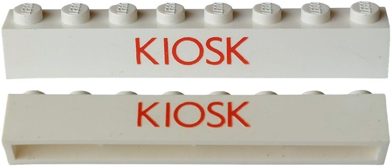 Lego Brick 1 x 8 without Bottom Tubes with Cross Side Supports with Red 'KIOSK' Sans-Serif Thin (Letters Close) Pattern
