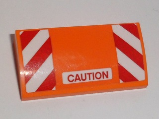 Lego Slope, Curved 2 x 4 x 2/3 with Bottom Tubes with Red 'CAUTION' and Red and White Danger Stripes Pattern (Sticker) - Set 60118 / Orange