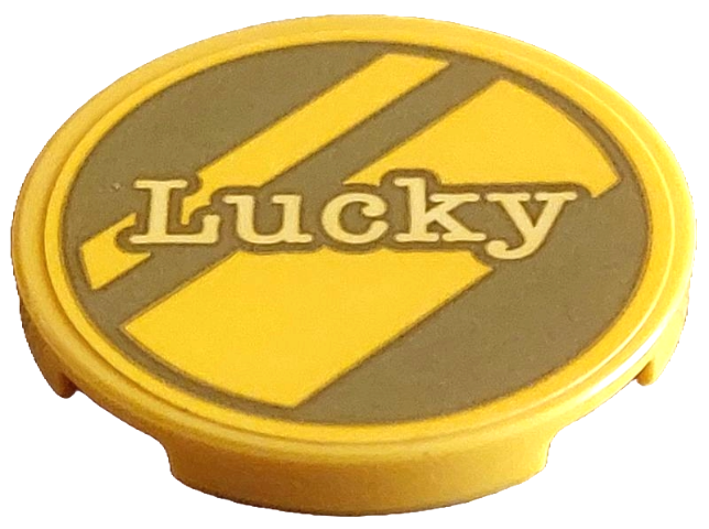Lego Tile, Round 3 x 3 with Gold Dalmatian Dog Tag with Diagonal Stripes and Bright Light Yellow 'Lucky' Pattern (Sticker) - Set 43269