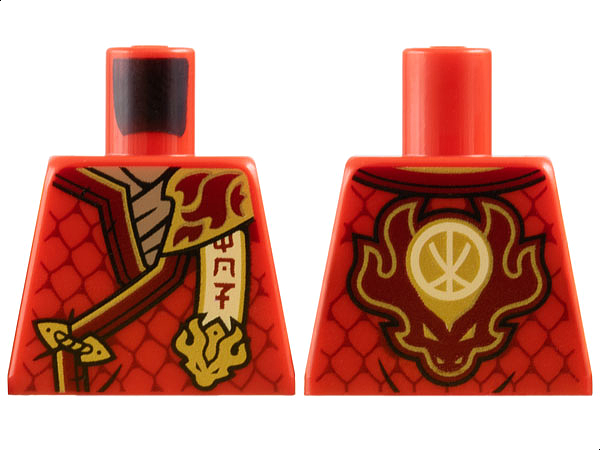 Lego Torso Tunic with Dark Red Hems, Gold Trim, Dark Tan Shirt, Ninjago Logogram 'MOF', Letter K on Back Pattern / Red