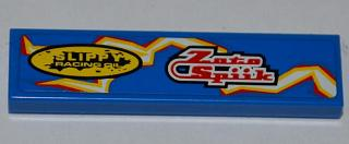 Lego Tile 1 x 4 with 'Zoto Spiik' and 'SLIPPY RACING OIL' over Electric Spark Pattern Model Right Side (Sticker) - Set 8303