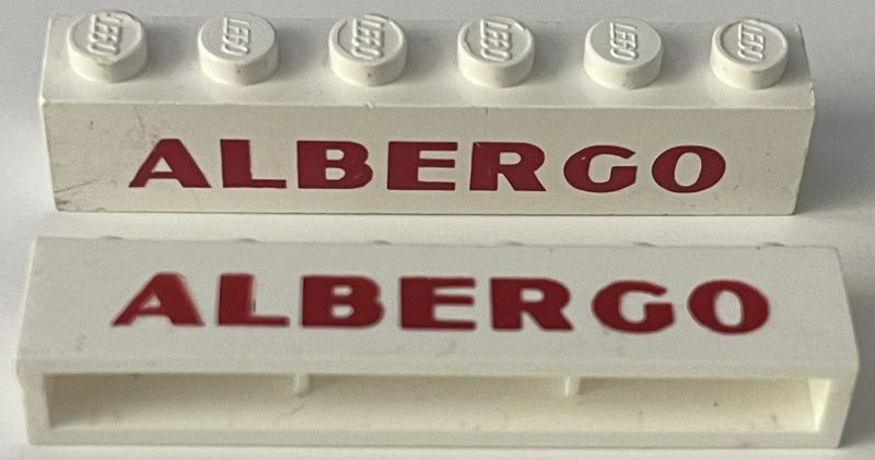 Lego Brick 1 x 6 without Bottom Tubes with Cross Side Supports with Red 'ALBERGO' Sans-Serif Bold Pattern