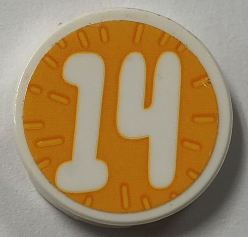 Lego Tile, Round 2 x 2 with Bottom Stud Holder with Number 14 on Bright Light Orange Background Pattern (Sticker) - Set 41926