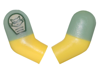 Lego Arm, (Matching Left and Right) Pair with Sand Green Short Sleeves and Uniform Raccoon Face Patch Pattern / Yellow
