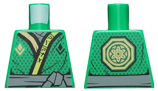 Lego Torso Ninjago Robe with Lime and Gold Trim, Gold Symbol, Black Dots, Dark Bluish Gray Sash Pattern / Green