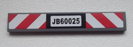 Lego Tile 1 x 6 with Black 'JB60025' and Red and White Danger Stripes Pattern (Sticker) - Set 60025 / Dark Bluish Gray