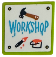 Lego Tile 2 x 2 with Hammer, Orange Paint, Paint Brush and Medium Azure 'WORKSHOP' on White Background Pattern (Sticker) - Set 42652 / Lime