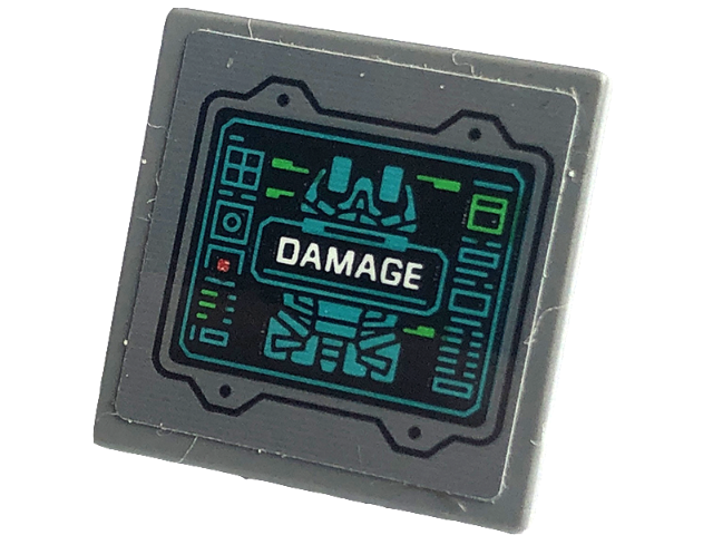 Lego Road Sign 2 x 2 Square with Open O Clip with Display Screen with White 'DAMAGE' and Dark Turquoise Tumbler Outline Pattern (Sticker) - Set 76240 / Dark Bluish Gray