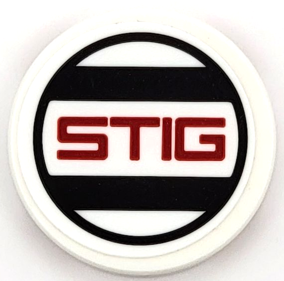 Lego Tile, Round 2 x 2 with Bottom Stud Holder with Red 'STIG', Black Stripes and Circle Pattern (Sticker) - Set 42109
