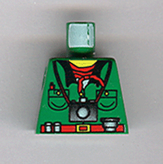 Lego Torso Shirt with Buttons, Pockets, and Black Collar over White Undershirt, Red Belt with Buckle, Neckerchief Scarf, Pen, Camera, Lens, Film Canisters, Yellow Neck Pattern / Green