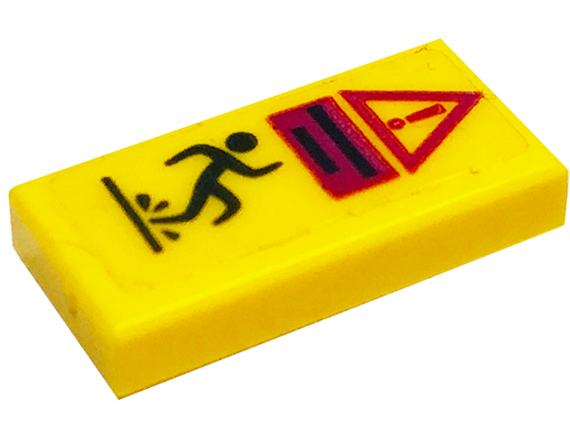 Lego Tile 1 x 2 with Warning Triangle Symbol with Exclamation Mark, Lines and Person Slipping in Water Pattern (Sticker) - Set 41318 / Yellow