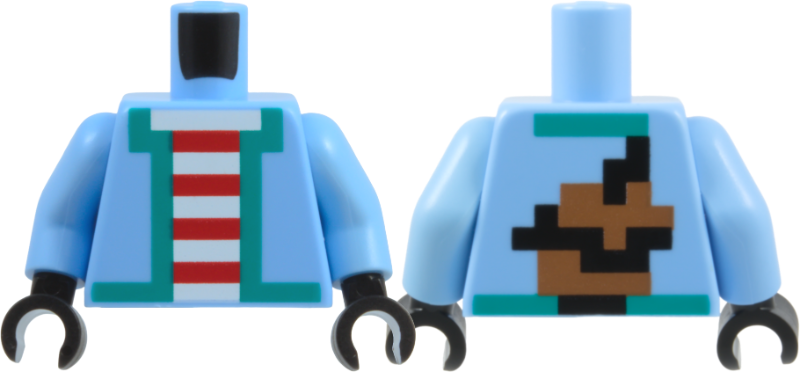 Lego Torso Pixelated Jacket with Dark Turquoise Hem Over Red and White Striped Shirt, Medium Brown and Black Backpack on Back Pattern / Bright Light Blue Arms / Black Hands