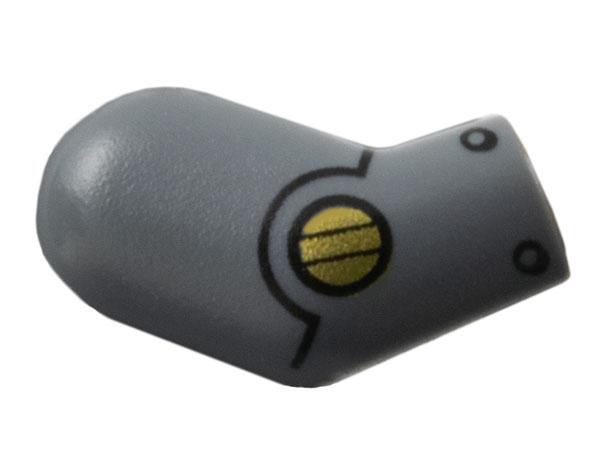 Lego Arm, Right with Gold Circle, Black Rivets and Line with Arc Pattern / Dark Bluish Gray