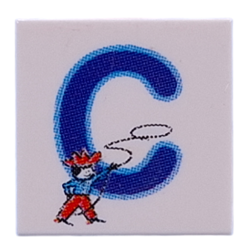 Lego Tile 2 x 2 with Blue 'C', Cowboy Print / White