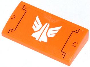 Lego Slope, Curved 2 x 4 x 2/3 with Bottom Tubes with Black Lines and Galaxy Squad Logo Pattern (Sticker) - Set 70705 / Orange
