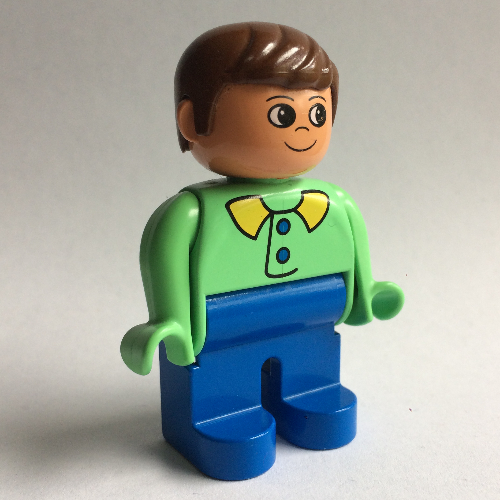 Lego Duplo Figure, Early, with Short Parted Hair Brown, Blue Legs, Blue Buttons and Lime Collar Print / Medium Green