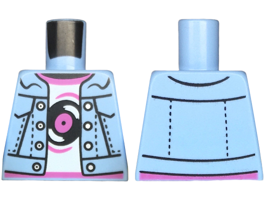 Lego Torso Denim Jacket Open with Silver Buttons over White Shirt with Dark Pink Hems and Black Record Pattern / Bright Light Blue