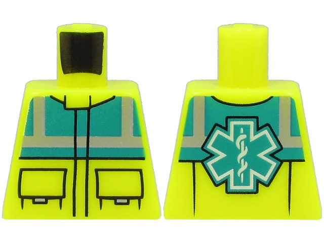 Lego Torso Dark Turquoise Safety Vest with Silver Reflective Stripes, Black Pockets, EMT Star of Life on Back Pattern / Vibrant Yellow