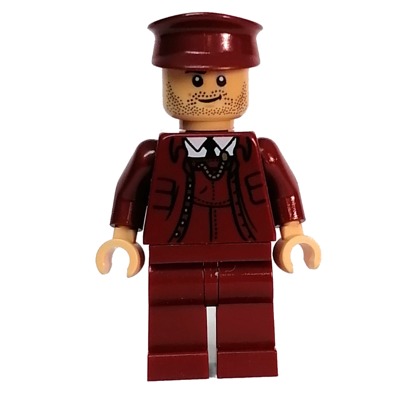 Lego Train Conductor, Dark Red Suit, Dark Red Cap, Warm Tan Head