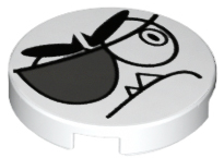 Lego Tile, Round 2 x 2 with Bottom Stud Holder with Black Stern Eye, Eyebrows, Eye Patch and Closed Mouth with 2 Sharp Teeth (Nixel Face) Pattern / White