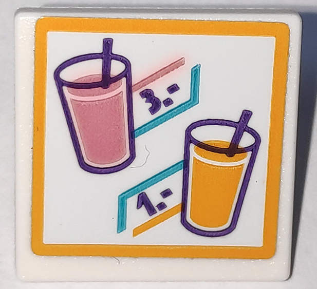 Lego Road Sign 2 x 2 Square with Open O Clip with Menu, Prices, Bright Light Orange and Dark Pink Drinks with Straws Pattern (Sticker) - Set 41312