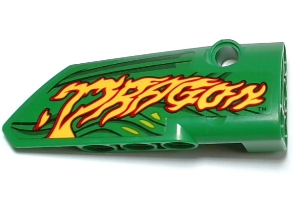 Lego Technic, Panel Fairing # 4 Small Smooth Long, Side B with Red and Yellow 'DRAGON' Flames, Lime and Dark Green Scales and Skin Background Pattern (Sticker) - Set 42149