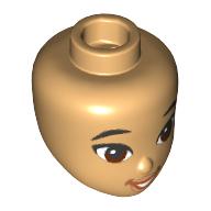 Lego Minidoll Head, Reddish Brown Eyes, Dark Orange Lips, Open Mouth Smile Print / Warm Tan