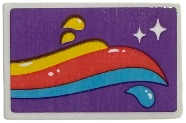 Lego Tile 2 x 3 with Yellow, Coral, and Medium Azure Melted Slushy Stripes on Medium Lavender Background Pattern Model Left Side (Sticker) - Set 42674 / White