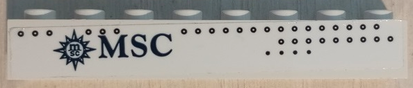 Lego Brick 1 x 8 with Dark Blue MSC Logo and Portholes Pattern Model Right Side (Sticker) - Sets 40227 / 40318 / White