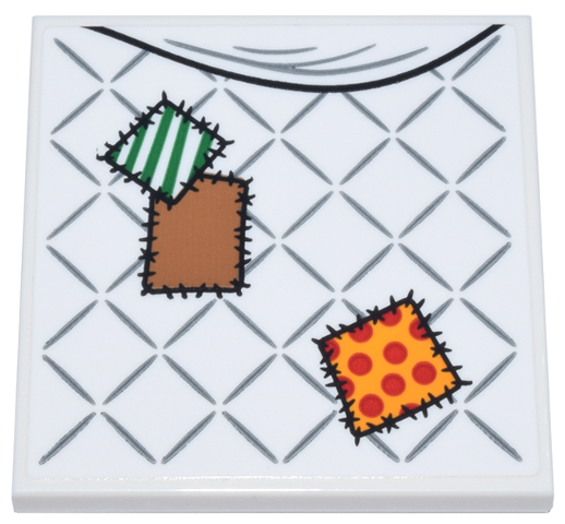 Lego Tile 4 x 4 with Blanket with Silver Lattice and Bright Light Orange, Green, Medium Nougat, and Red Patches with Black Stitches Pattern (Sticker) - Set 76437