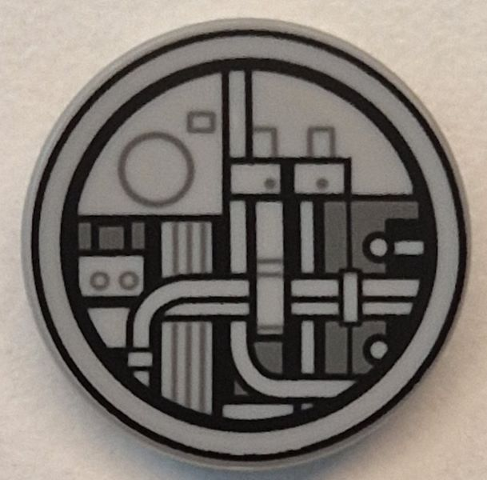 Lego Tile, Round 2 x 2 with Bottom Stud Holder with Black and Dark Bluish Gray SW Millennium Falcon Conduits and Pipes Pattern / Light Bluish Gray