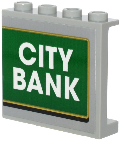 Lego Panel 1 x 4 x 3 with Side Supports - Hollow Studs with White 'CITY BANK' on Green Background with Gold Outline Pattern (Sticker) - Set 60245 / Light Bluish Gray