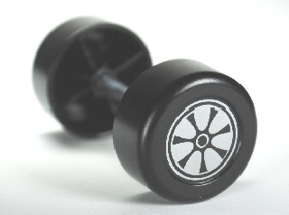 Lego Duplo Wheel Double Assembly with Metal Axle and 7 Black Spokes and Silver Hubcap Pattern / Black