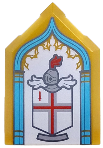 Lego Tile, Modified 2 x 3 Pentagonal with Coat of Arms of the City of London with Red St. George's Cross and Sword, Light Bluish Gray Helmet with Face Grille on White Background with Medium Azure Arch Pattern / Pearl Gold