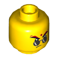 Lego Minifig Head Red Son, Round Sunglasses, Red Forehead Dot, Frown / Raised Eyebrows with Open Mouth with Teeth Print / Yellow