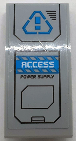 Lego Slope, Curved 4 x 2 with Dark Azure Warning Sign, White 'ACCESS' and Black 'POWER SUPPLY' on Door Pattern (Sticker) - Set 60195