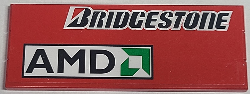 Lego Stickered Assembly 8 x 3 with 'Bridgestone' and 'AMD' Logo on Red Background Pattern Model Right Side (Sticker) - Set 8157