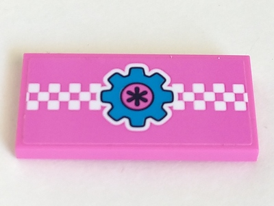 Lego Tile 2 x 4 with White Checkered Stripe and Dark Azure Gear on Dark Pink Background Pattern (Sticker) - Set 41348